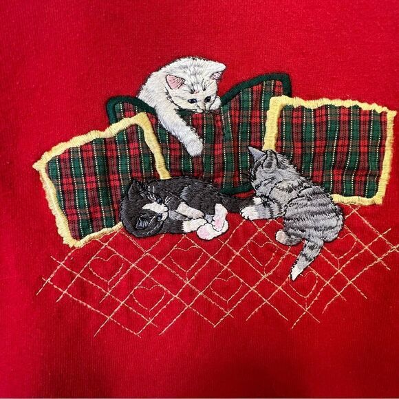 Vintage 90s Top Stitch Red Christmas Cat Kitten Plaid Mock Neck Sweatshirt M - Picture 4 of 11